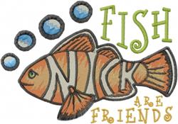 Playful orange fish with black stripes surrounded by blue bubbles and vibrant text 'FISH ARE FRIENDS' in a whimsical theme.