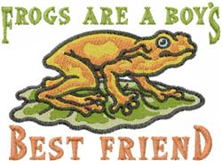 Playful frog in vibrant yellow and orange hues, with text 'FROGS ARE A BOY'S BEST FRIEND' on a leafy background.