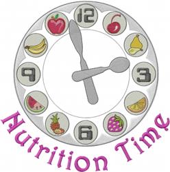 Colorful clock with vibrant fruit icons like apples and cherries, featuring playful 'Nutrition Time' text below.