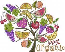 Colorful fruit tree featuring watermelon, strawberries, and grapes with green leaves and '100% Organic' text.