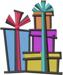 Colorful stacked presents with bright ribbons, festive holiday decor in playful design, perfect for gifts.