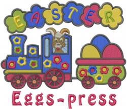 Colorful cartoon train with a playful goat, vibrant Easter eggs, and flowers, perfect for festive decor.