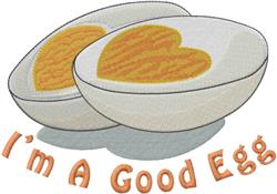 Playful scene featuring two eggshell halves with heart yolks and 'I'm A Good Egg' text, vibrant for Easter.