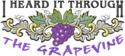 Whimsical grapevine with clusters of purple grapes, lush green leaves, and playful text embellishments.