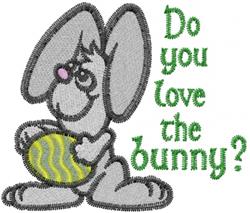 Playful gray bunny holding a striped yellow egg with cheerful green text for Easter celebrations.