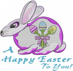 Colorful applique gray rabbit with a pink bow and Easter eggs, featuring cheerful 'A Happy Easter To You!' text.