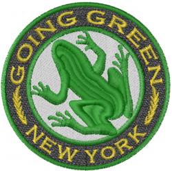 Green frog in a circular patch design with bold colors, featuring 'GOING GREEN' and 'NEW YORK' text.