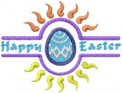 Colorful blue Easter egg with decorative patterns, surrounded by orange and yellow sun rays. 'Happy Easter' text adds a festi