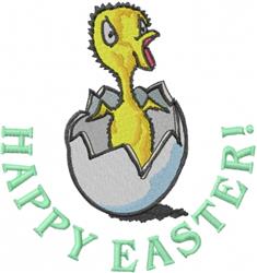 Playful chick hatching from a cracked eggshell with 'HAPPY EASTER!' text, perfect for festive spring decor.