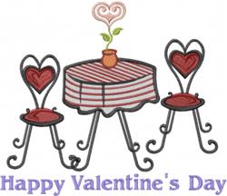 Playful heart-themed table with striped cloth, heart chairs, and a flower vase, perfect for Valentine's Day.