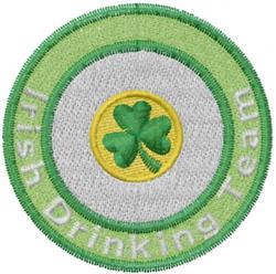 Irish drinking team patch features a green shamrock on a vibrant circular design with light green border.