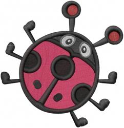 Playful ladybug with a red body, black spots, and white eyes, featured in a dynamic pose.