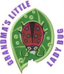 Playful ladybug with black spots on a green leaf, featuring vibrant purple text 'GRANDMA'S LITTLE'.