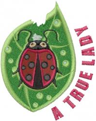Applique bright red ladybug with black spots on a vibrant green leaf with a bite taken out.