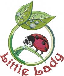 Whimsical ladybug applique design in vibrant red, perched on a green leaf with playful text 'Little Lady' for spring.