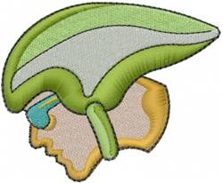 Stylized green leaf with blue droplet rests on light brown shell in modern, colorful applique design.