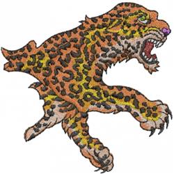 Bold leaping leopard with vibrant orange and yellow fur, fierce expression, and intricate detailing in dynamic motion.