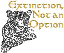 Leopard face in bold black and gold embroidery with conservation text 'Extinction, Not an Option.'