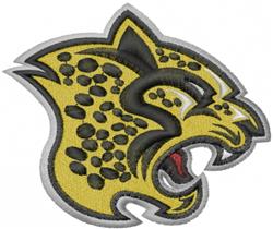 Stylized leopard head in bold yellow with black detailing and gray accents, showcasing fierce expression. Perfect for vibrant