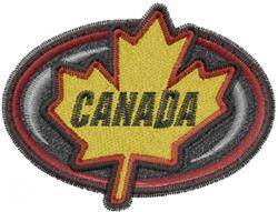 Bold yellow maple leaf with 'CANADA' in black, vibrant red and black oval background, perfect for patriotic celebrations.