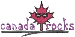 Playful maple leaf applique with cartoon eyes in vibrant red, featuring 'canada rocks' text in purple.