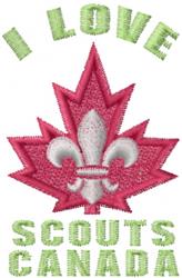 Colorful machine embroidery of a red maple leaf with a white fleur-de-lis, accented by green text 'I LOVE SCOUTS CANADA'.