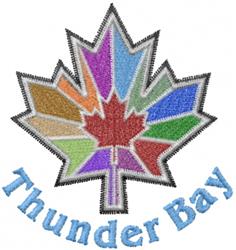 Vibrant maple leaf in shades of purple, orange, and green with playful 'Thunder Bay' text in light blue.