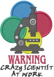 Playful microscope with colorful circles in red, yellow, green, and blue, featuring 'WARNING CRAZY SCIENTIST' text.