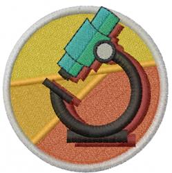 Playful microscope in teal and black at the center of a vibrant circular patch with warm geometric shapes.