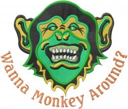 Colorful cartoon monkey head featuring exaggerated features and a wide grin, with 'Wanna Monkey Around?' text.