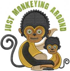Playful monkey and baby monkey cartoon with vibrant colors, curly tail, and 'JUST MONKEYING AROUND' text.