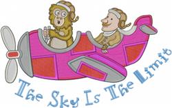 Playful monkey pilot and human in a vibrant pink airplane, with 'The Sky Is The Limit' text design.