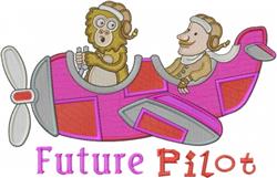 Playful monkey pilot in a cap smiles beside a human pilot in a bright pink airplane with 'Future Pilot' text.