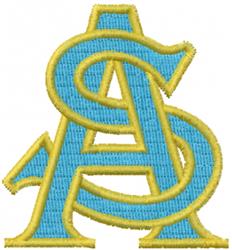 Modern letter embroidery featuring entwined A and S in vibrant blue with a bright yellow outline, perfect for apparel.