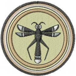 Cartoon mosquito with large eyes, whimsical wings on a soft yellow patch, bordered by earthy-toned rings.
