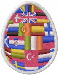 Vibrant decorative egg with a patchwork of country flags on a pink background, celebrating Easter.