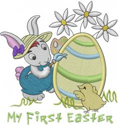 detailed spring bunny rabbit machine embroidery pattern - My First Easter for reusable tote bags