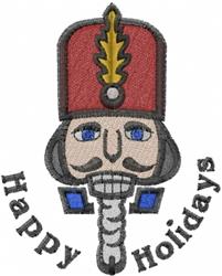 Nutcracker holiday figure with a red feathered hat and cheerful blue accents, perfect for festive decor.