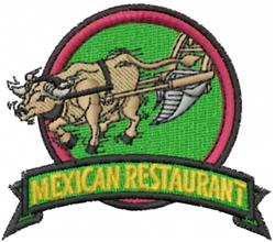 Colorful ox pulling a plow in a vibrant badge with pink border, ideal for rustic kitchen decor.
