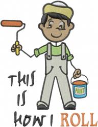 Playful cartoon painter in green shirt and gray overalls, holding a paint roller and bucket labeled 'PAINT'.