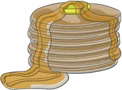 Cartoonish stack of pancakes with melting butter and syrup, in warm golden hues; perfect for kitchen decor.