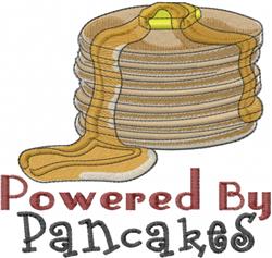 Playful stack of pancakes dripping with syrup, topped with butter, featuring vibrant text saying 'Powered By' and 'Pancakes'.
