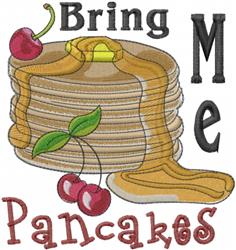 Colorful stack of pancakes topped with syrup and cherries, featuring playful text 'Bring Me Pancakes'.