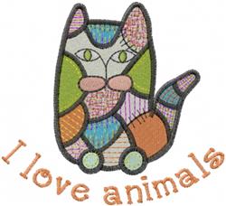 Playful patchwork cat in vibrant colors with unique patterns and the phrase 'I love animals' stitched below.
