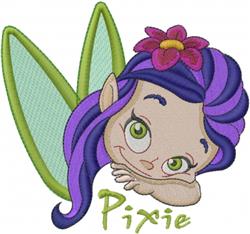 Cartoon pixie with purple hair and green wings, smiling playfully with a flower by her side. Perfect for fantasy themes.