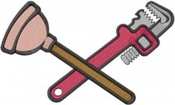 Cartoon-style plumber's tools: a pink plunger and metallic gray wrench with red accents crossed, playful design.