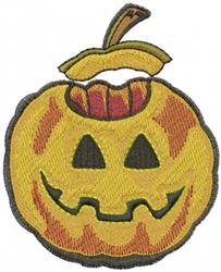 Bright yellow pumpkin with a smiling face and green stem, showcasing fun stitching for a playful Halloween decor.