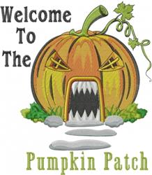 Cartoon pumpkin with a playful face, highlighted by bright orange and green vines, perfect for fall decorations.