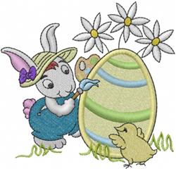 Playful rabbit in a straw hat paints a large pastel Easter egg, alongside a chick and white flowers for a festive design.