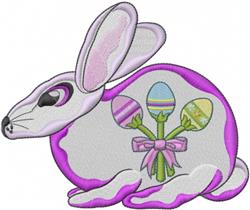 Playful rabbit outlined in pink next to three colorful Easter eggs, perfect for festive projects.